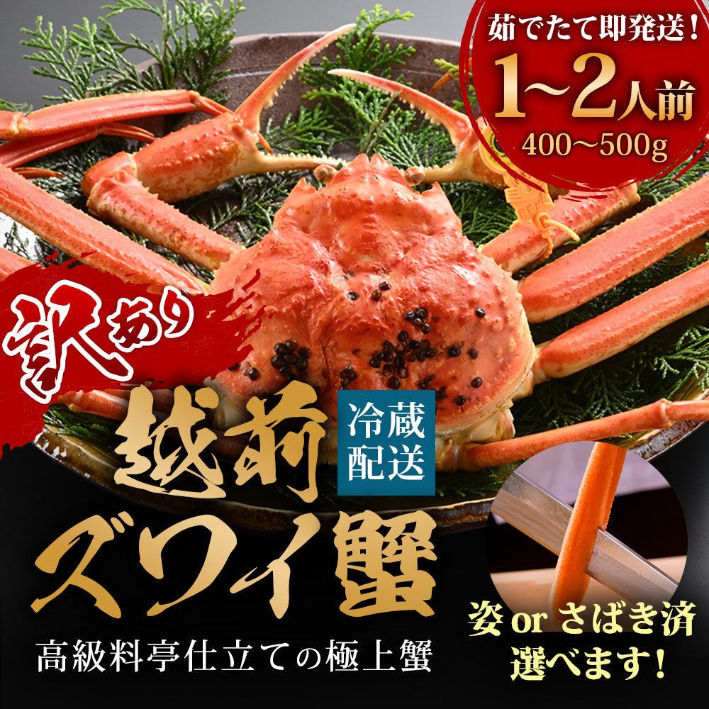 【先行予約でセイコ蟹付】【11月~12月20日、1月到着】【姿2杯17000円!】【捌き済選択OK】【着日指定可】 訳あり 高級料亭 越前がに 本ズワイガニ ボイル済 400g~500g 国産 冷蔵かに