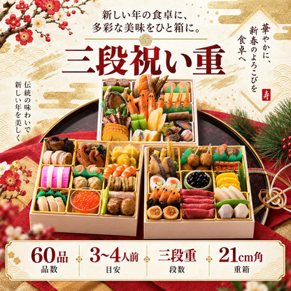 三段祝い重｜全60品・3～4人前 日本料理やなぎ町の料亭おせち