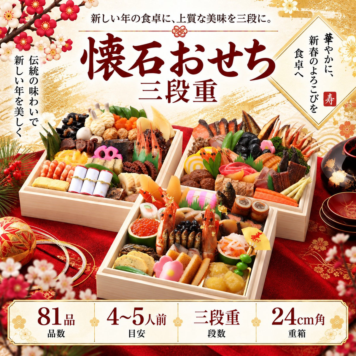 懐石おせち 三段重 全81品 4～5人前｜日本料理やなぎ町
