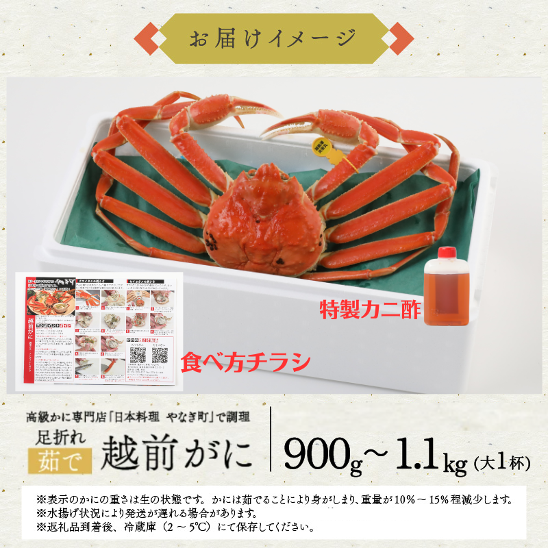 【12月1～20日到着】訳あり 高級料亭 越前がに ズワイガニ ボイル済 900g～1.1kg 国産 冷蔵かに 捌き済選択OK 着日指定可